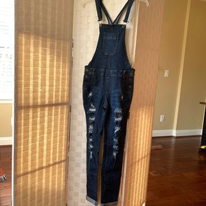 Skinny Destroyed Denim Overalls